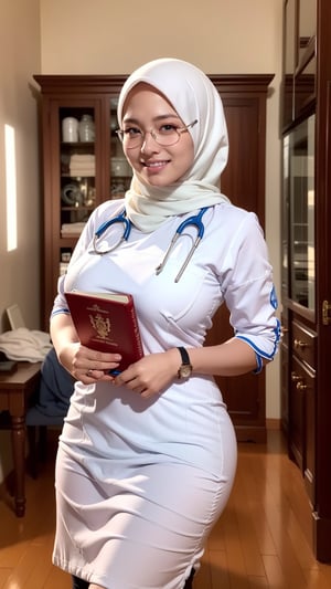 hijabidan, bidan, super realistic 3/4 shot, passionate pose, professional photography portrait of a 40 year old female nurse in a patient room, very realistic skin, cinematic lighting, very original hijab fabric details, glasses, holding a book, scout clothing, transparent button-up shirt with right and left pockets, long slave, long tight plain skirt, (big boob), (big hips: 1.3), tight cotton dress, smiling, looking at the camera, (masterpiece :1.0), (best quality: 1.0), beautiful, (intricate details), unity 8k wallpaper, very detailed and really lights up the realistic room,SkinDetail, Hijab,SDXL,hijabidan,Extremely Realistic