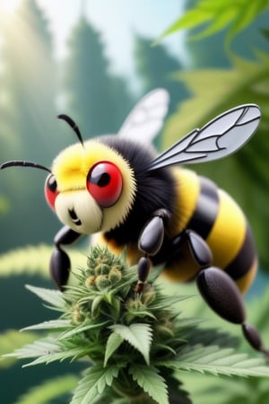 a bumble bee, with camo cargos on, a white t shirt, and a fitted cap to the back,smoking weed. marijuana garden background, red eyes, happy,

