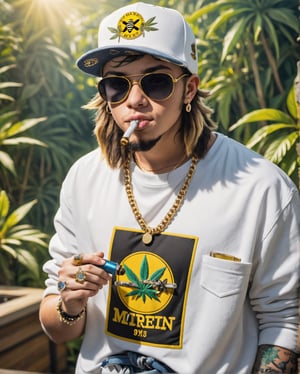 Detailed portrait of a beardless teenager with marijuana honey, cover photo smoking marijuana distillate, marijuana vaporizer and sunglasses. white gold ring a bumblebee, wearing a white t-shirt and a denim jacket with a cap on the back, a chain with diamonds, smoking marijuana. full piece tattoos, a gold tooth


Marijuana garden background, laboratory background and THC and CBD oils in distillates or pipes with rosin. label on clothes