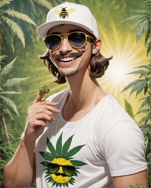 
Detailed portrait of a young smoking marijuana and wearing sunglasses. bee symbols, dressed in a white t-shirt and a fitted cap on the back, smoking weed, with his hand he smokes weed and smiles

marijuana garden background. title: mr. indicates