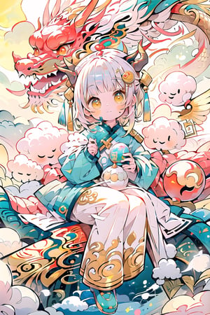 Unexpected character design, dragon girl with dragon horns on her head, wearing shiny scale clothes, with a Chinese dragon next to her, misty background, Chinese palace architecture, dragon baby, watercolor, non-full page, hand held golden sphere