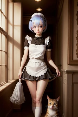 (((portrait shot))), maid, uniform, short skirt, thin legs, thigh gap,, cleaning half body view
,Girl, Rem:rezero with a cute cat