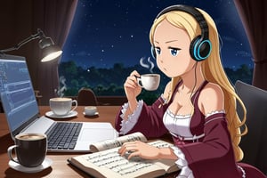 a Beatrice:rezero  working as a programmer in his setup at night, with his coffee, concentrated and listening to music with headphones. Enviroment minimal, eating cigar,1girl