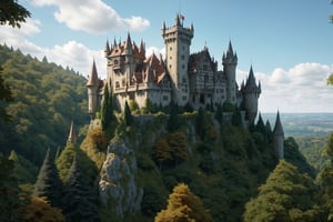 An old castle on a hill, surrounded a forest, Hyper realistic, well detailed castle, Robin Hood Castle,Extremely Realistic