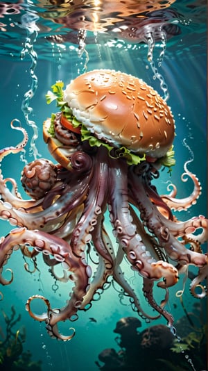 A hybrid creature [hamburger|octopus],

dynamic background, 8k resolution, masterpiece, best quality, Photorealistic, ultra-high resolution, photographic light, illustration by MSchiffer, fairytale, sunbeams, best quality, best resolution, cinematic lighting, Hyper detailed, Hyper realistic, masterpiece, atmospheric, high resolution, vibrant, dynamic studio lighting, wlop, Glenn Brown, Carne Griffiths, Alex Ross, artgerm and james jean, spotlight, fantasy, surreal