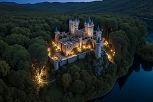 bosque nocturno, medieval castle, surrounded a forest, Hyper realistic, well detailed castle, Lake, waterfall, escena view from drone, Extremely Realistic, hyper-realistic photography, 8k, excellent details, details in textures, real photo, light environment, excellent details that look like a real photo, taken with a professional SLR camera Last generation. Sensation of movement.