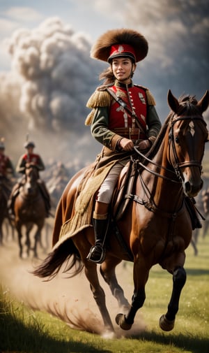 British tradition wear, in battle filed with soldiers marching, towards enemy.,photorealistic,1 girl