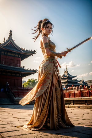 (Raw photo) Chinese Queen fighting on Sholing temple, with sword realistic HD quality character, wearing traditional war worrior dress, full body Photo, background Chinese civilization temple's, realistic HD high quality picture, backround dragon temple. 