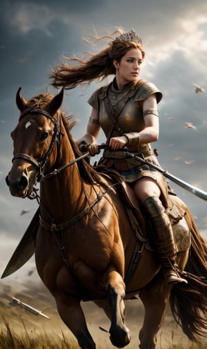 realistic Scotland queen in battle , realistic war full picture, field,furioius fight on ground, spear,showing facing front, sitting on horse, detaild character hoto, realism suitation ,detailed clean fingers on photo, holding huge sword, HD quality photo, 