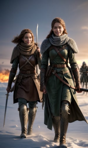 women in battle , realistic milf ,furioius fight on ground, walking and holding sword on hand,winter armor clothes, realistic battle in backrouind, winter war field,realism beautiful army in fiels