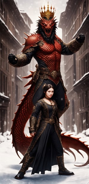 Relistic men and women posing powerful style, war towards enemy crown, traditional look, full body realistic character, cenimatic photo ultra HD, backround snow red color dragon 