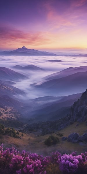 Magnificent landscape of beautiful mountains, morning sunrise, foggy, round clouds on the mountains, purple dawn sunrise, pleasant atmosphere, stunning details, Unreal Engine 5, Ultra HD, 8k, intricate, masterpiece