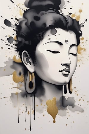 Use splash ink painting to express a minimalist scene, (painting with the simplest lines), extremely simple style, sprinkle gold powder on a completely blank paper, (simple lines depict the profile of the Bodhisattva's face), only the profile of the face, solemn Kindness, abstract lines, impressionist style, Zen style, the rest of the picture is all blank, a lot of white space, (the effect of ink blur: 1.5),