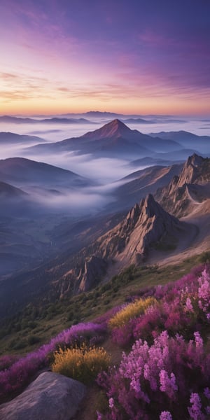 Magnificent landscape of beautiful mountains, morning sunrise, foggy, round clouds on the mountains, purple dawn sunrise, pleasant atmosphere, stunning details, Unreal Engine 5, Ultra HD, 8k, intricate, masterpiece