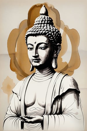 There is a statue of Bodhisattva on a blank drawing paper. Only the head of the Bodhisattva is depicted. Side view. Painting with ink painting. Abstract drawing style. The painting lines are simple. Drawn with simple lines: 1.5. Ink halo effect: 1.5. There is Zen. style,