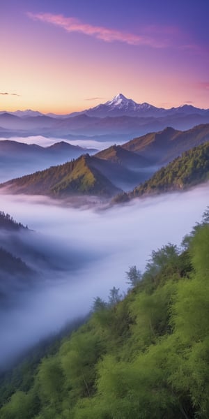 Magnificent landscape of beautiful mountains, morning sunrise with fog, round clouds on the mountains, purple dawn sunrise, pleasant atmosphere, stunning details, bamboo forest on both sides, Unreal Engine 5, Ultra HD, 8k, intricate, masterpiece