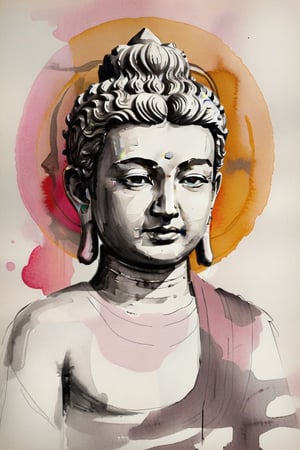 There is a statue of Bodhisattva on a blank drawing paper, with only the head, and only the profile of the Bodhisattva's face, painted in ink painting, abstract drawing style, the painting lines are simple, drawn with simple lines, ink halo effect: 1.5, There is a Zen style,niji5,watercolor,colorful