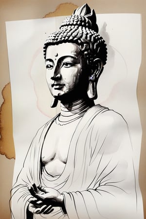 There is a statue of Bodhisattva on a blank drawing paper, only the face of Bodhisattva, side view, painted in ink painting style, abstract drawing style, simple painting lines, drawn with simple lines: 1.5, ink halo effect: 1.5, ink halo embellishment , with a Zen style,