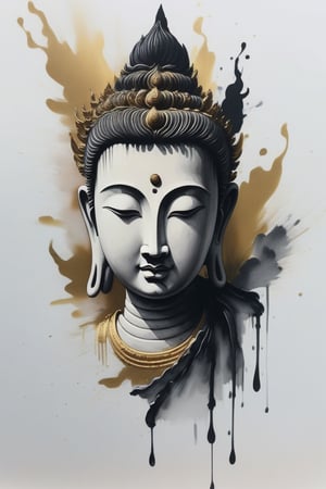 Use splash ink painting to express a minimalist scene, (draw with the simplest lines), extremely simple style, and then sprinkle gold powder on a completely blank paper, (check the single line to describe the side face of the Bodhisattva), ((side face) ), only the side face, solemn and kind, abstract, impressionist style, Zen style, the rest of the picture is blank, a lot of white space, (the effect of ink blur: 1.5), in order to increase the viewer's imagination and thinking space 