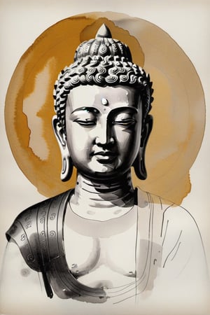 There is a statue of Bodhisattva on a blank drawing paper, with only the head, and only the profile of the Bodhisattva's face, painted in ink painting, abstract drawing style, the painting lines are simple, drawn with simple lines, ink halo effect: 1.5, There is a Zen style,niji5,watercolor