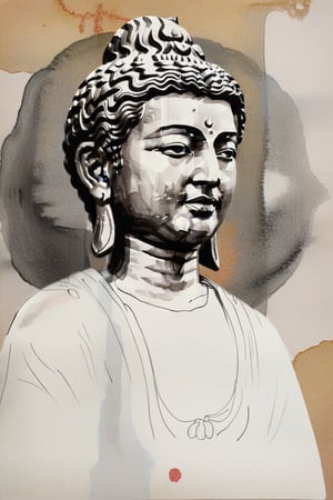 There is a statue of Bodhisattva on a blank piece of paper, close-up of the face, detailed, solemn, kind, side view, painted with ink painting, abstract drawing style, simple painting lines, painted with simple lines: 1.5, ink halo effect : 1.5, ink halo embellishment: 1.5, with Zen style,