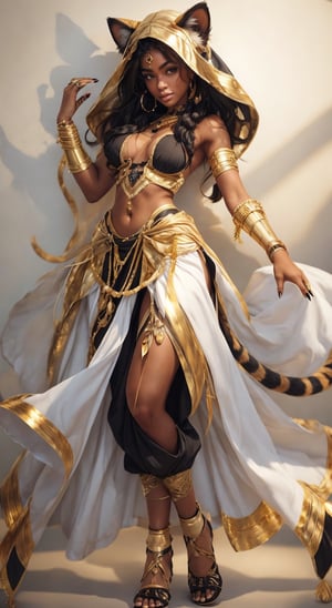 1girl, solo, breasts, looking at viewer, bangs, simple background, black hair, red eyes, white background, navel, animal ears, bare shoulders, jewelry, medium breasts, closed mouth, standing, tail, full body, earrings, midriff, pants, cat ears, hand up, dark skin, hood, medium hair, nail polish, bracelet, dark-skinned female, fingernails, cat tail, black nails, armlet, toenails, gold trim, hoop earrings, anklet, gold, egyptian, egyptian clothes