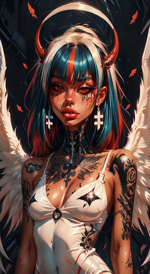 long hair, breasts, looking at viewer, multiple girls, black hair, red eyes, dress, 2girls, jewelry, closed mouth, blue hair, white hair, multicolored hair, cowboy shot, earrings, wings, white dress, tattoo, gradient hair, glowing, colored skin, halo, glowing eyes, feathered wings, colored sclera, black wings, angel wings, black sclera, angel, red sclera, contrast, art style, illustration, drawing, brush strokes, tattoo, piercing, paint, graffiti drawing