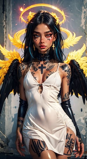 long hair, breasts, looking at viewer, multiple girls, black hair, red eyes, dress, 2girls, jewelry, closed mouth, blue hair, white hair, multicolored hair, cowboy shot, earrings, wings, white dress, tattoo, gradient hair, glowing, colored skin, halo, glowing eyes, feathered wings, colored sclera, black wings, angel wings, black sclera, angel, red sclera, contrast, art style, illustration, drawing, brush strokes, tattoo, piercing, paint, graffiti drawing