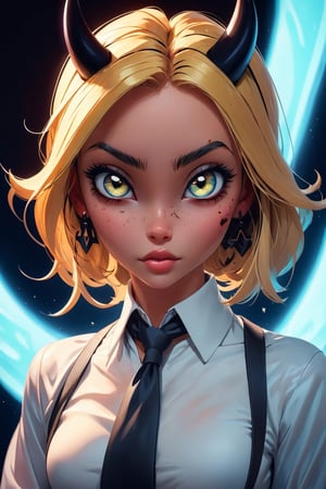 (best quality), (masterpiece), (solo), 1girl, power_csm, blonde hair, yellow eyes, cross-shaped pupils, symbol-shaped pupils, red horns, white buttoned shirt, blue jacket, black necktie, black background, blood stains, artwork, manga cover art, wallpaper, evil character, glowing eyes, demon_girl,pandora,realistic illumination