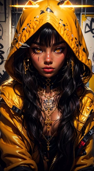 1girl, solo, long hair, looking at viewer, bangs, black hair, jewelry, yellow eyes, upper body, earrings, dark skin, hood, necklace, dark-skinned female, orange eyes, glowing, colored skin, piercing, glowing eyes, hood up, grey skin, black lips, art style, illustration, drawing, brush strokes, tattoo, piercing, paint, graffiti drawing