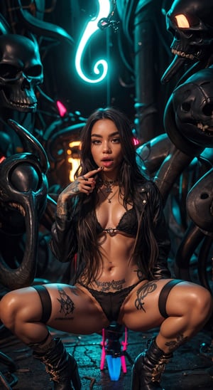 1girl, solo, long hair, looking at viewer, black hair, thighhighs, long sleeves, jewelry, sitting, green eyes, full body, earrings, boots, shorts, tongue, black thighhighs, spread legs, tongue out, necklace, nail polish, black footwear, lips, fingernails, tattoo, makeup, glowing, black shorts, piercing, squatting, ring, cross, black nails, skull, ankle boots, platform footwear, leg tattoo, cyberpunk, lip piercing, platform heels