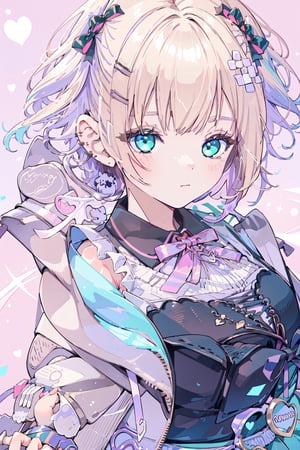 1girl, solo, looking at viewer, blush, smile, short hair, bangs, blonde hair, simple background, shirt, hair ornament, bow, holding, jewelry, green eyes, jacket, upper body, purple hair, hair bow, multicolored hair, earrings, wings, sleeveless, hairclip, collared shirt, virtual youtuber, off shoulder, two side up, streaked hair, sleeveless shirt, black bow, stuffed toy, stuffed animal, pink bow, purple background, teddy bear, pink jacket, holding stuffed toy