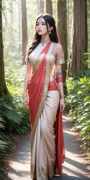 Craft an empowering portrait of an saree woman adorned with traditional jewelry. Picture her standing tall amidst a redwood forest, long hair, without hat, sunlight filtering through the towering trees and casting long shadows. Saree ,Highlight the strength and resilience of the woman and her connection to her cultural heritage.swet ,swet , ling hair
 
,bzyyzg \(manaka nemu\),victorian dress