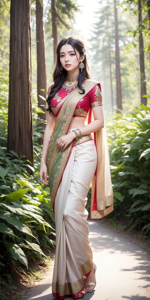 Craft an empowering portrait of an saree woman adorned with traditional jewelry. Picture her standing tall amidst a redwood forest, long hair, without hat, sunlight filtering through the towering trees and casting long shadows. Saree ,Highlight the strength and resilience of the woman and her connection to her cultural heritage.swet ,swet , ling hair
 
,bzyyzg \(manaka nemu\),victorian dress