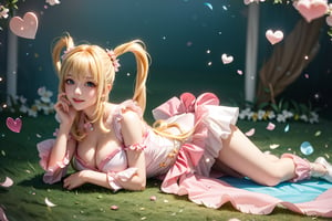 ((She wears pink frilled weeding dress, lying down, knees together, blond very long hair, Heart-shaped twintails, large breasts 2.0)), cute pose, large breasts, cleavage , blue eyes, (Masterpiece), full body shot, best quality, high resolution, highly detailed, detailed background, movie lighting, 1girl, idol, underbust, stage, stage lights, music, blush, sweet smile, sweat, concert, ruffles, confetti, hearts, hair accessories, hair bows, gems, jewelry, neon lights , bow tie , pointing, spotlight, sparkles, light particles, frame breasts, cross lace