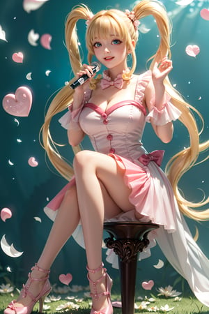 ((She wears pink frilled weeding dress, figure four, sitting on the ground, blond very long hair, Heart-shaped twintails, large breasts 2.0)), cute pose, large breasts, cleavage , blue eyes, (Masterpiece), full body shot, best quality, high resolution, highly detailed, detailed background, movie lighting, 1girl, idol, underbust, stage, stage lights, music, blush, sweet smile, sweat, concert, ruffles, confetti, hearts, hair accessories, hair bows, gems, jewelry, neon lights , bow tie , pointing, spotlight, sparkles, light particles, frame breasts, cross lace