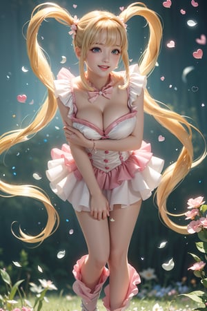 ((She wears pink frilled weeding dress, grabbing own breast, breast hold, Leaning forward, M-leg, blond very long hair, Heart-shaped twintails, large breasts 2.0)), cute pose, large breasts, cleavage , blue eyes, (Masterpiece), full body shot, best quality, high resolution, highly detailed, detailed background, movie lighting, 1girl, idol, underbust, stage, stage lights, music, blush, sweet smile, sweat, concert, ruffles, confetti, hearts, hair accessories, hair bows, gems, jewelry, neon lights , bow tie , pointing, spotlight, sparkles, light particles, frame breasts, cross lace