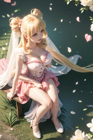 ((from above, exposed breasts, lady sitting, She wears revealing pink frilled weeding dress, Wedding gown (veil), blond very long hair, Heart-shaped twintails, large breasts 2.0)), cute pose, large breasts, cleavage , blue eyes, (Masterpiece), full body shot, best quality, high resolution, highly detailed, detailed background, movie lighting, 1girl, idol, underbust, stage, stage lights, music, blush, sweet smile, sweat, concert, ruffles, confetti, hearts, hair accessories, hair bows, gems, jewelry, neon lights , bow tie , pointing, spotlight, sparkles, light particles, frame breasts, cross lace, white stockings,ryuubi,lift skirt,1girl,seethrough_wedding_dress,seethrough_china_dress, red and gold dress,Angel,spartanarmor,red cape,long hair,hmnl,fr4ctal4rmor,office_lady_uniform,reiko_aiwaifu,QIPAO,qipao,enome_futokunoguild,ｍenesu, twintails