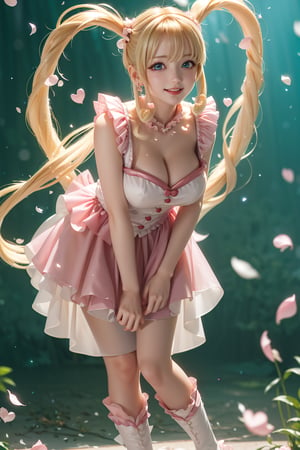 ((She wears pink frilled weeding dress, Pull down the collar, Leaning forward, blond very long hair, Heart-shaped twintails, large breasts 2.0)), cute pose, large breasts, cleavage , blue eyes, (Masterpiece), full body shot, best quality, high resolution, highly detailed, detailed background, movie lighting, 1girl, idol, underbust, stage, stage lights, music, blush, sweet smile, sweat, concert, ruffles, confetti, hearts, hair accessories, hair bows, gems, jewelry, neon lights , bow tie , pointing, spotlight, sparkles, light particles, frame breasts, cross lace