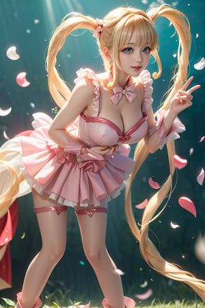 ((She wears pink frilled weeding dress, grabbing own breast, Leaning forward, M-leg, blond very long hair, Heart-shaped twintails, large breasts 2.0)), cute pose, large breasts, cleavage , blue eyes, (Masterpiece), full body shot, best quality, high resolution, highly detailed, detailed background, movie lighting, 1girl, idol, underbust, stage, stage lights, music, blush, sweet smile, sweat, concert, ruffles, confetti, hearts, hair accessories, hair bows, gems, jewelry, neon lights , bow tie , pointing, spotlight, sparkles, light particles, frame breasts, cross lace
