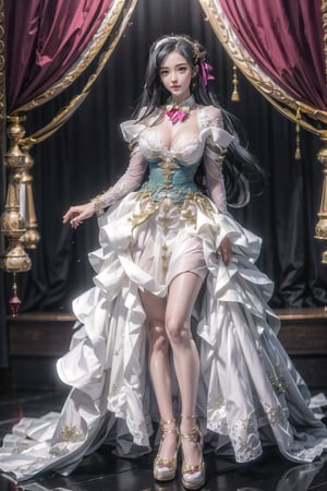 She has black long hair , ((she wears blue evening dress 2.0)), charming smile, cute pose, large breasts, cleavage , green eyes, (Masterpiece), full body shot, best quality, high resolution, highly detailed, detailed background, movie lighting, 1girl, idol, underbust, stage, stage lights, music, blush, sweet smile, sweat, concert, ruffles, confetti, hearts, hair accessories, hair bows, gems, jewelry, neon lights , bow tie , pointing, spotlight, sparkles, light particles, frame breasts, cross lace, white stockings,ryuubi,lift skirt,1girl,seethrough_wedding_dress,seethrough_china_dress, red and gold dress,Angel,kan'u,ruanyi0263,xuer extravagant gown,cute swimsuit,ruanyi0254