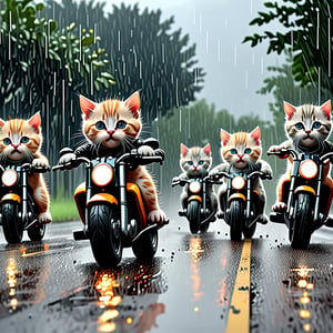 A group of little kittens. Cat bodies. Riding heavy motorcycles. The weather is raining. Running. High quality. 8K