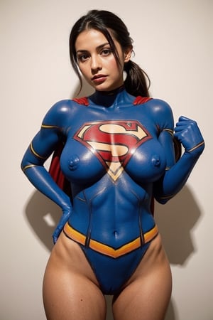 Beautiful woman, pony tail, uniformsbodypaint, supergirl bodysuit, blue and red bodysuit,  fullbody, facing front, (gigantic breast), wide hip, erect nipples, (hairy_pussy), 