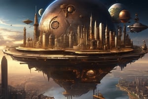 Masterpiece. Realistic. Create an imposing and metallic cityscape with a steampunk ambiance. The view from outer space of planet. City is over the cliff and other one third is the sea. The city features a skyline dominated by overlapping gears, evoking an industrial atmosphere. The lines are very strate and angled. At the center of the composition, three largest gears are interlocked, within which intricate city planning and buildings are arranged in a clockwise fashion. In the far distance, a horizon line and stars of outer space are visible, enhancing the sensation of viewing the cityscape from above, akin to observing a planet's surface from space.