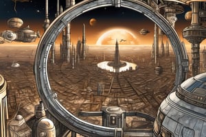 Masterpiece. Realistic. Create an imposing and metallic cityscape with a steampunk ambiance. The view from outer space of planet. City is over the cliff and other one third is the sea. The city features a skyline dominated by overlapping gears, evoking an industrial atmosphere. The lines are very strate and angled. At the center of the composition, three largest gears are interlocked, within which intricate city planning and buildings are arranged in a clockwise fashion. In the far distance, a horizon line and stars of outer space are visible, enhancing the sensation of viewing the cityscape from above, akin to observing a planet's surface from space.