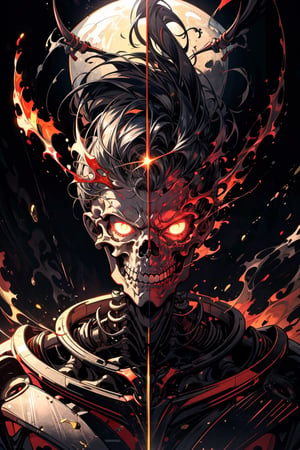 Boy, a warrior, Medium short hairstyle, black hair, wearing a luxurious emperor's outfit. Medium-parted short hairstyle cute skeleton wide eyes Furrowed brows and mischievous smiles, 2 hand katanas,  and a fire forest sword of tower in the background. handsome,
It's all a skeleton.
 high-quality rendering, showcasing he personality and unique features.
,glowing gold,horror (theme),Mecha body,3dcharacter,portrait