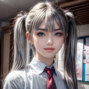  (((Silver hair))),solo,1 girl,((((twintails)))),{dark-skin} {{{ Silver hair with a slight purplish }}},a, {{green  eyes}}, {{ultra detailed,best quality, highres, }},,
BREAK
Wearing school uniform. Background is a school classroom.smile,detailed beautiful face, (clear eyes:1.4),photo 
realistic,upper body, photo realistic,8k, best quality, ultra detailed, (masterpiece:1.2), highly detailed background, Big and upward-curved eyes with a cute vibe,Thick eyebrows set slightly high {beautiful detailed upper body}, {medium_breasts}, Small and cute nose,Slender and athletic physique,Cute and cheerful vibe,
BREAK Photo of Pretty Japanese girl,detailed shadow, The upper third of the photo is the background, 