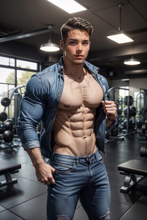 (scene at a modern high tech gym), a slim lean slender stunningly handsome man wearing jeans unzipped open