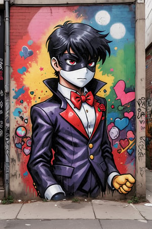 tuxedo mask, in the style of street art aesthetic, cute cartoonish designs, photo-realistic techniques, multicolored, childhood arcadias, anime aesthetic, cartoon-like figures