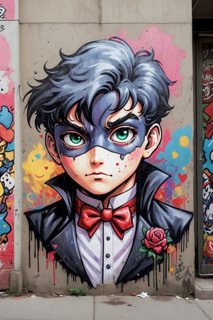 tuxedo mask, in the style of street art aesthetic, cute cartoonish designs, photo-realistic techniques, multicolored, childhood arcadias, anime aesthetic, cartoon-like figures